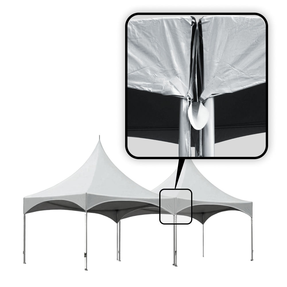 A tent rain gutter connecting two tents