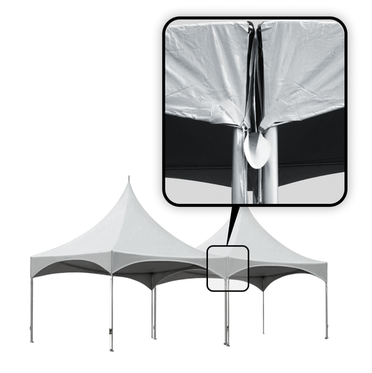 A tent rain gutter connecting two tents