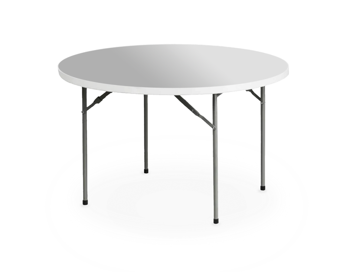 A 48-inch white round table set for dining