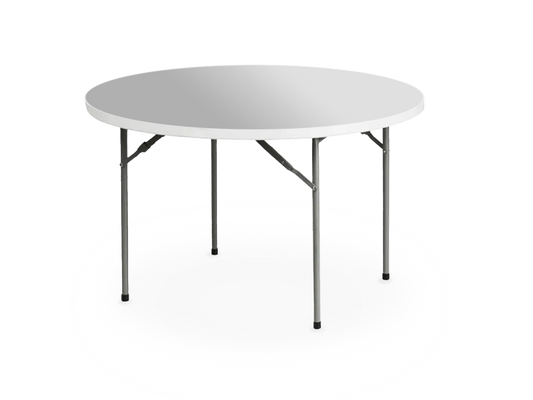 A 48-inch white round table set for dining