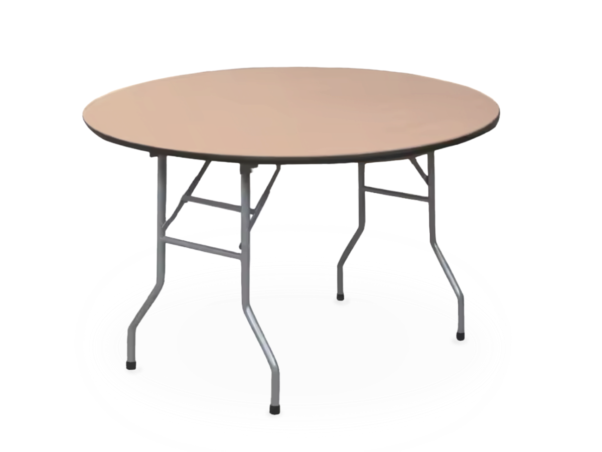 A 48-inch wooden round table with a natural wood finish