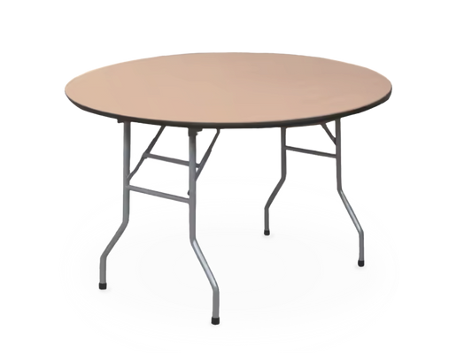 A 48-inch wooden round table with a natural wood finish