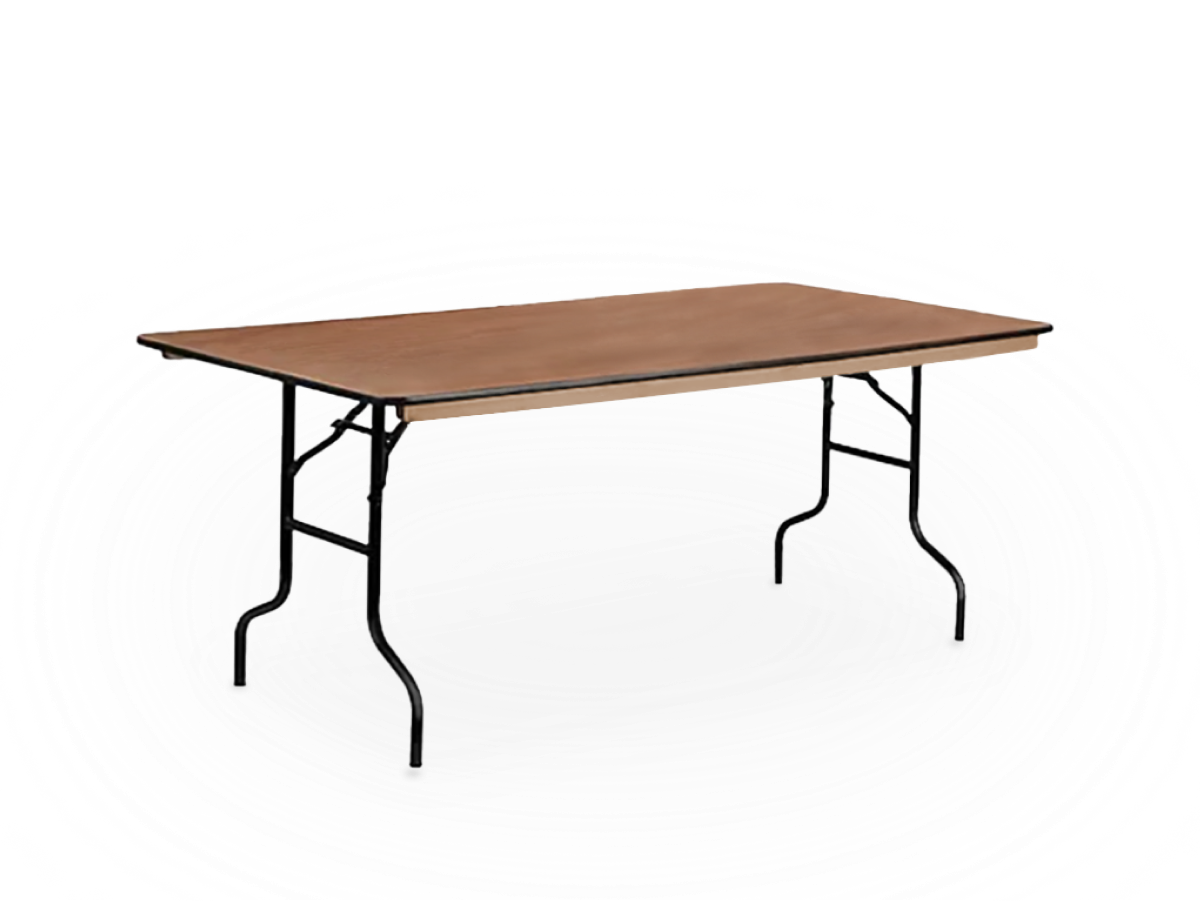 A 6 ft wooden rectangular table with a natural finish