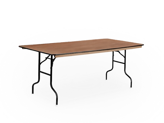 A 6 ft wooden rectangular table with a natural finish