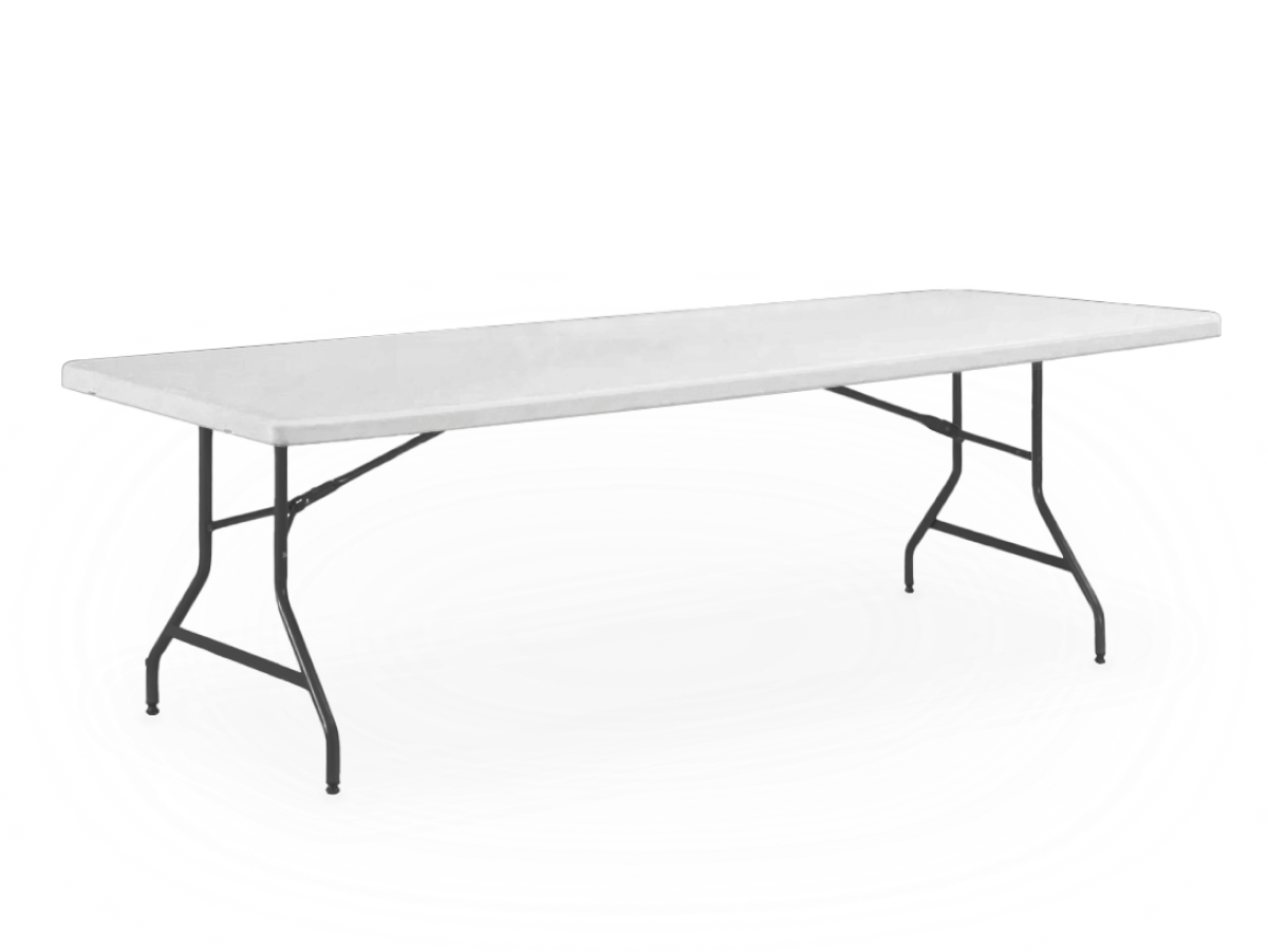 An 8 ft white rectangular table suitable for banquets