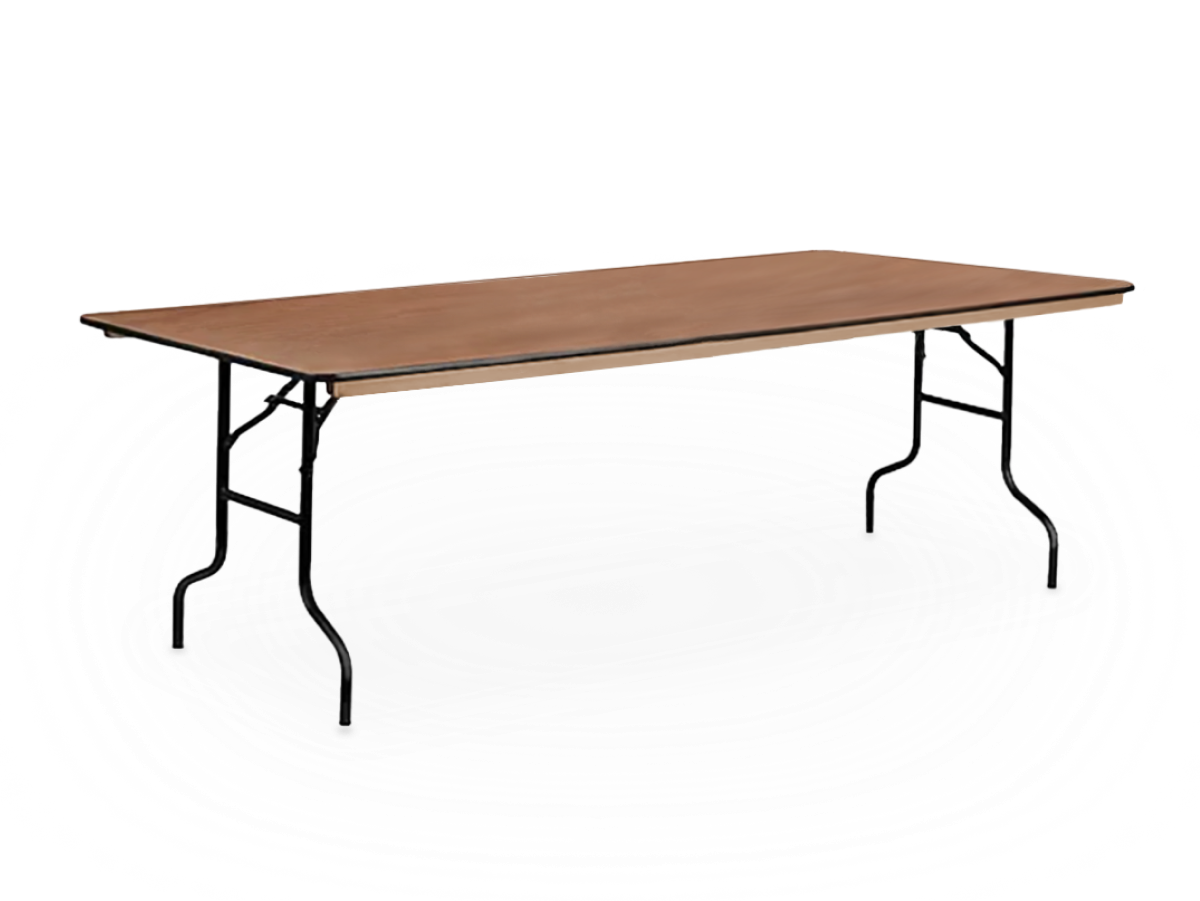 An 8 ft wooden rectangular table with a rustic look