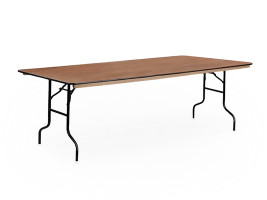 An 8 ft wooden rectangular table with a rustic look