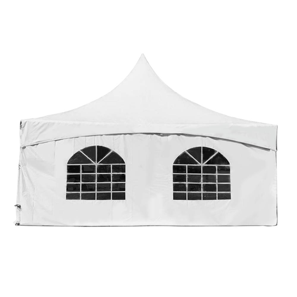 A tent sidewall with windows allowing light inside