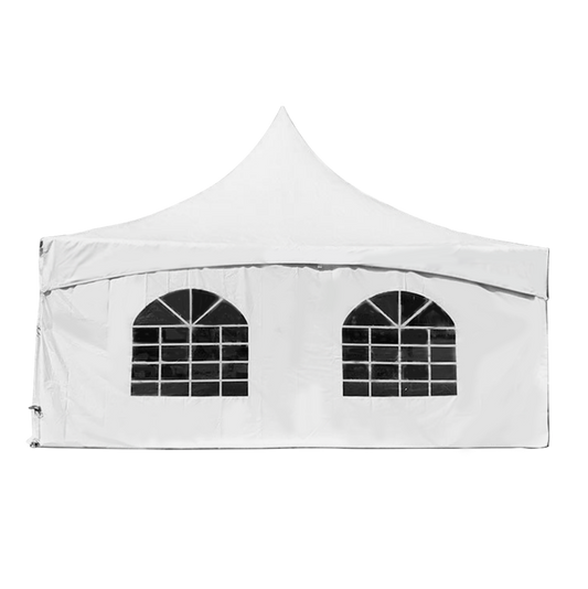 A tent sidewall with windows allowing light inside