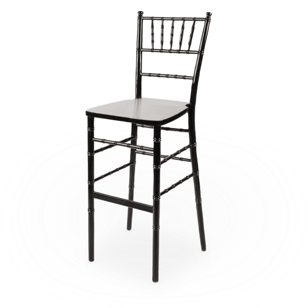 A black Chiavari barstool with a footrest