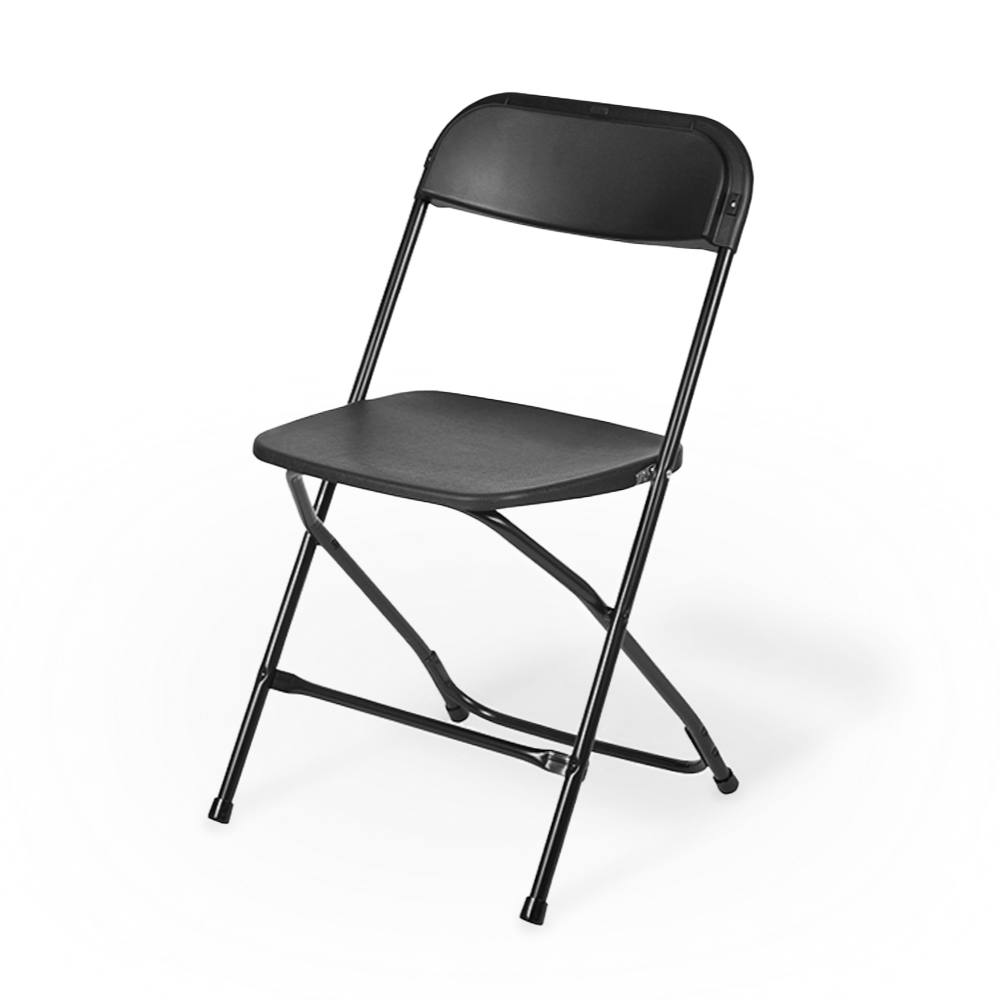 A black folding chair ready for use