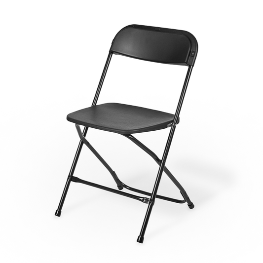 A black folding chair ready for use