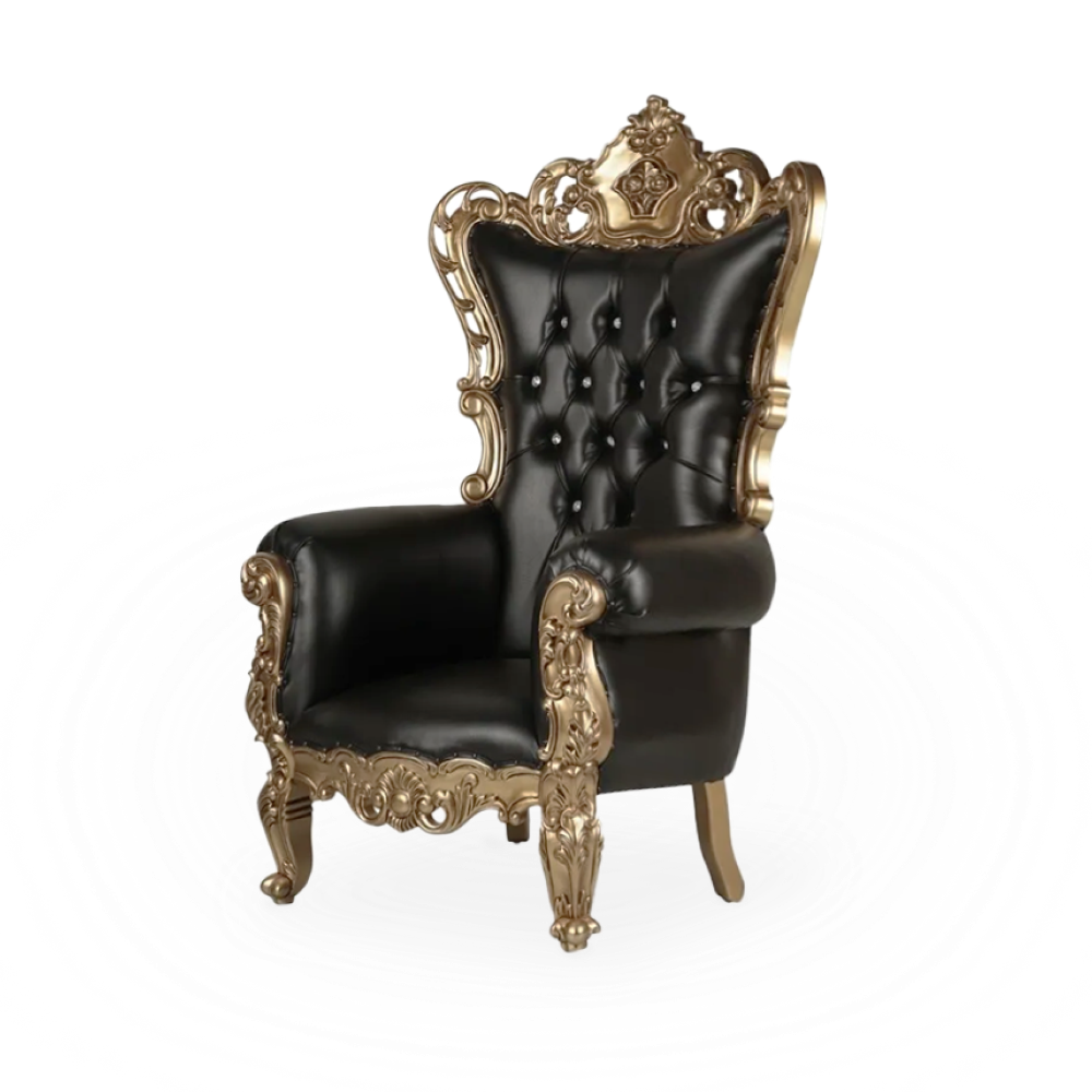 A black and gold throne chair set up at an event