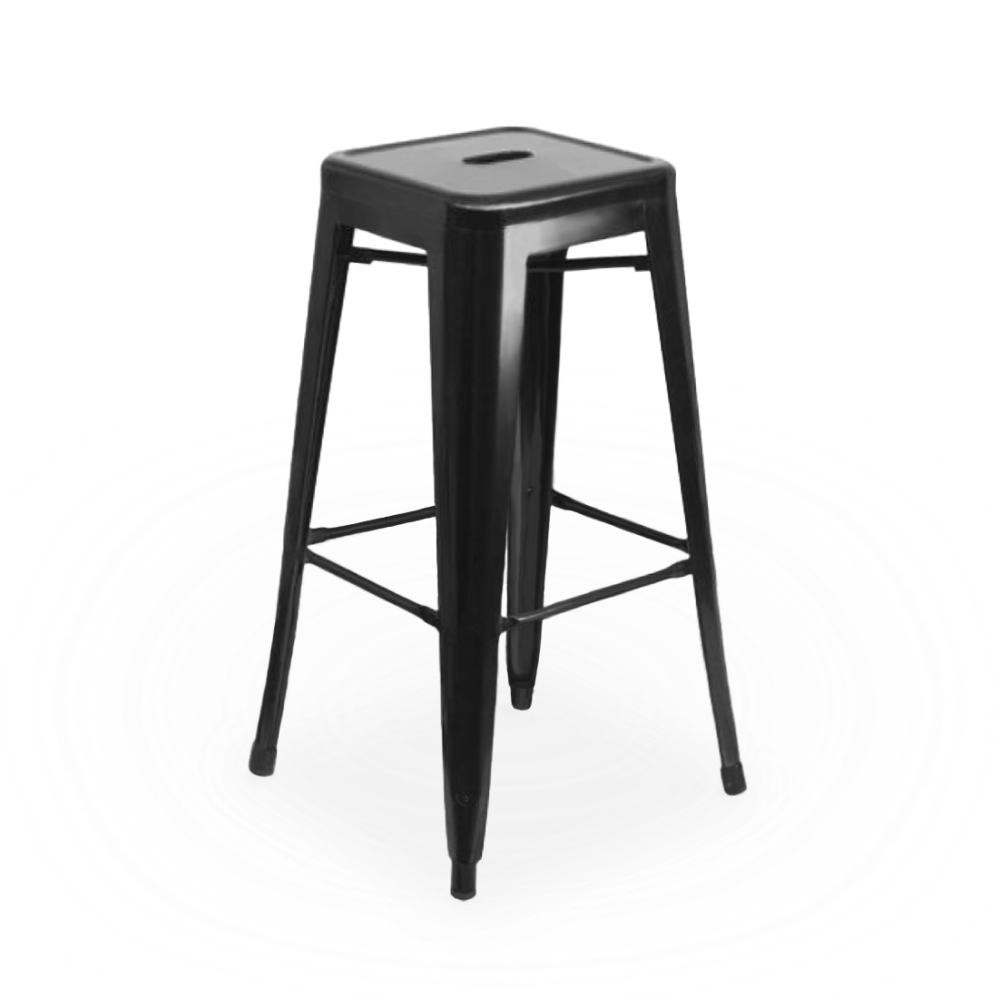 A 30-inch black metal bar stool with a round seat