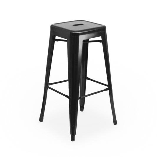 A 30-inch black metal bar stool with a round seat