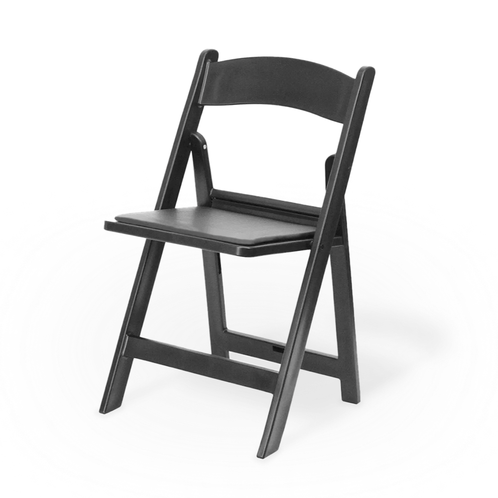 A black resin folding chair with a comfortable padded seat