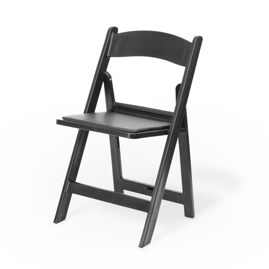 A black resin folding chair with a comfortable padded seat