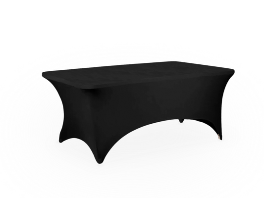 A black spandex cover tightly fitted on a 4 ft table