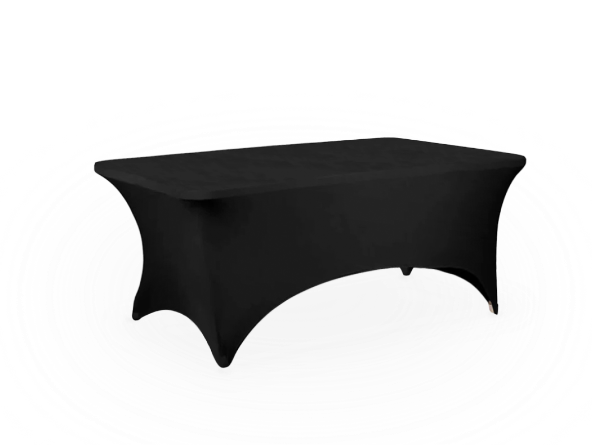 A black spandex table cover on a 6 ft table