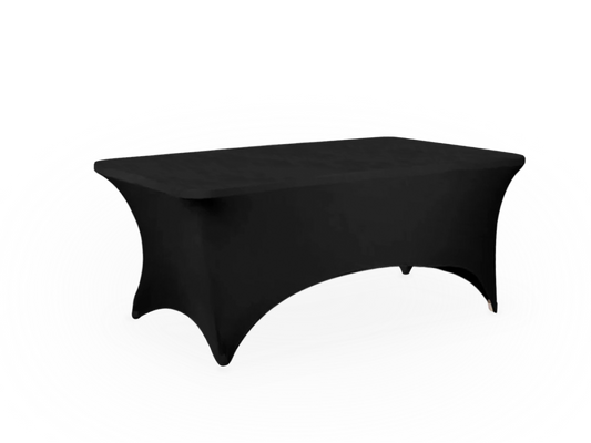 A black spandex table cover on a 6 ft table