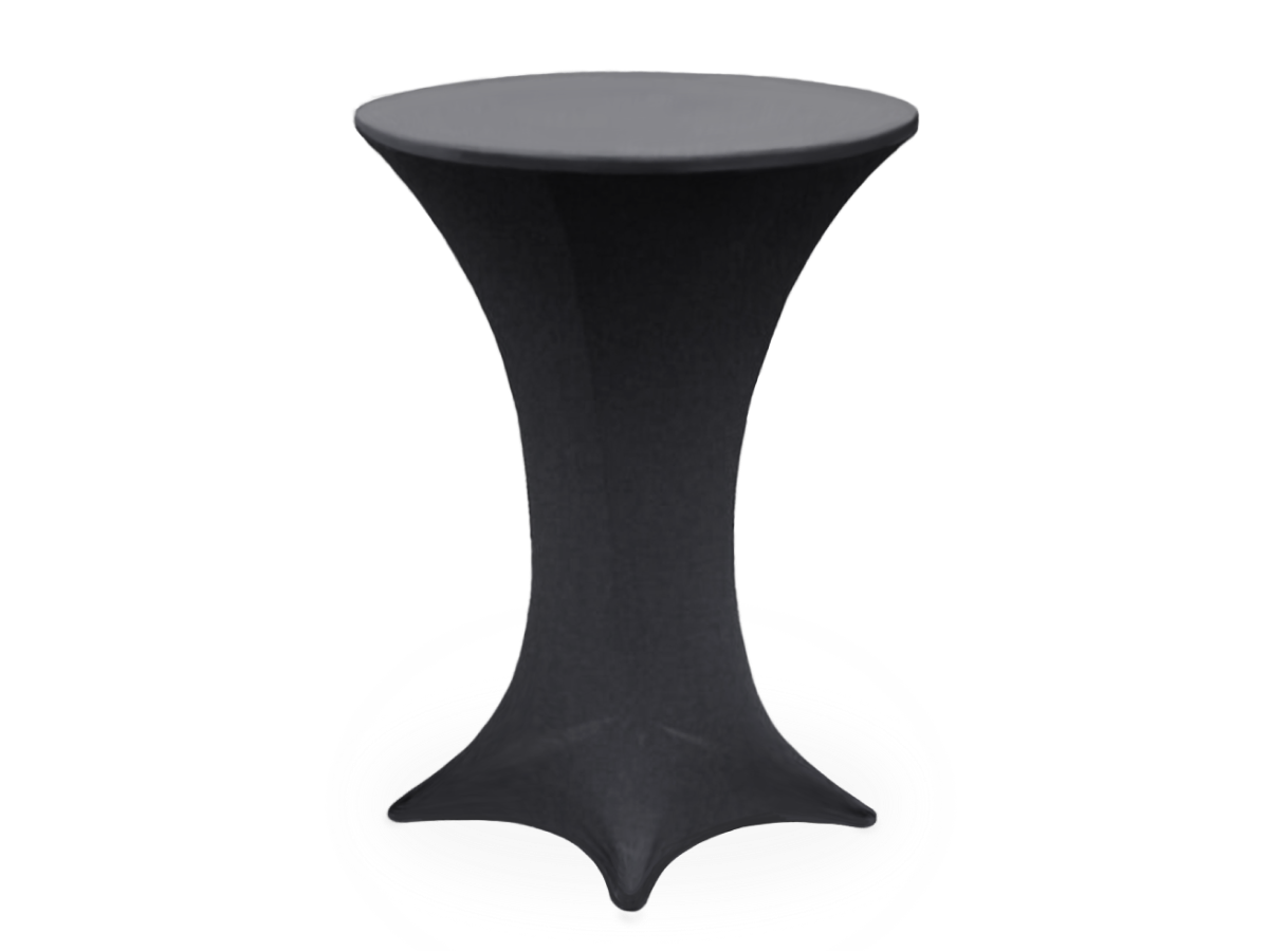 A black spandex cover on a cocktail table