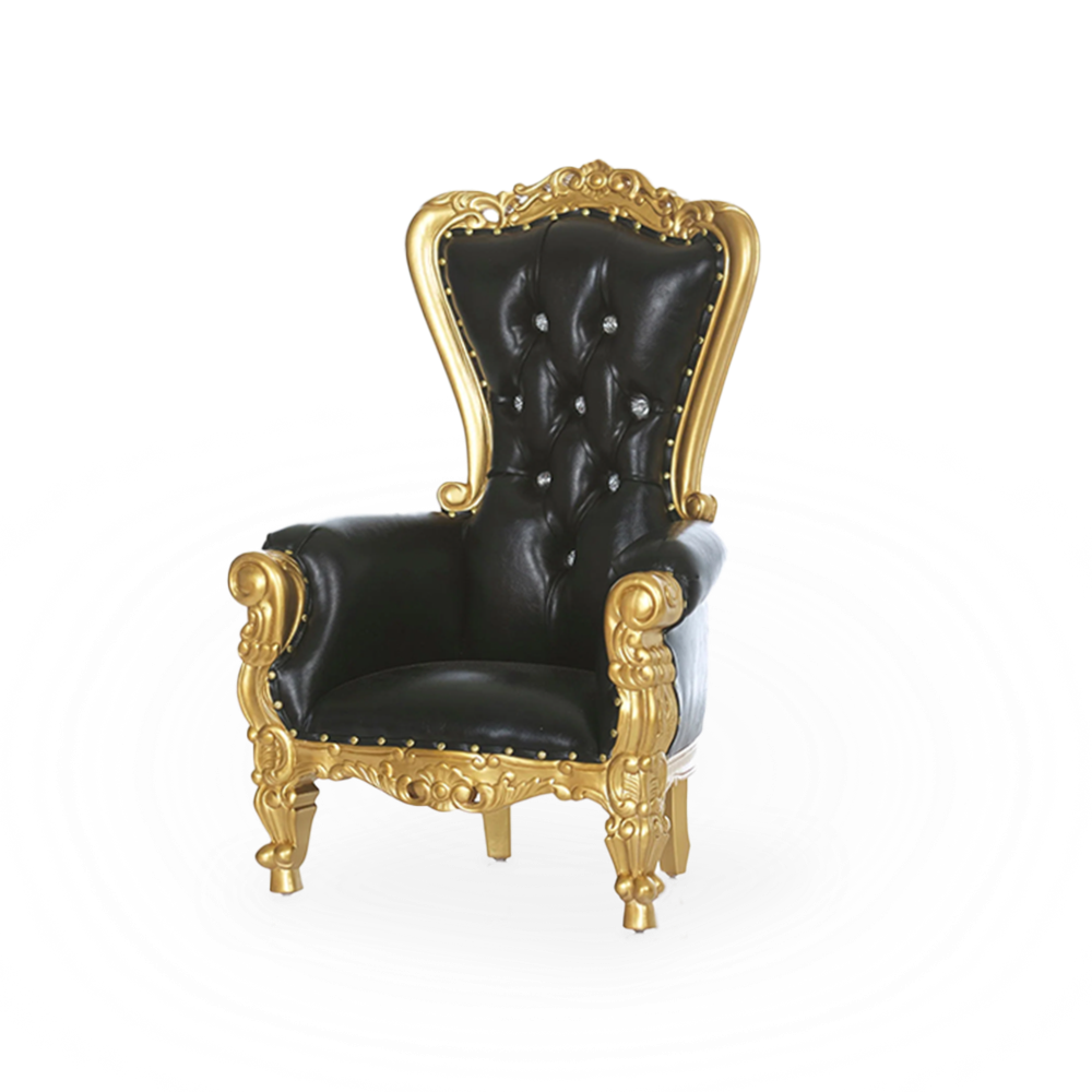 A black and gold throne chair for children at a party