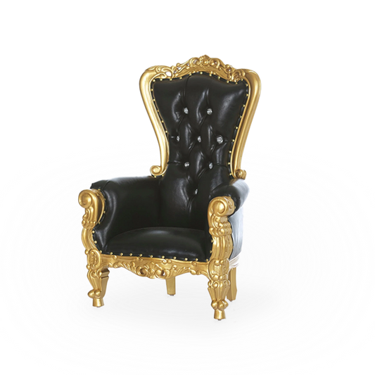 A black and gold throne chair for children at a party