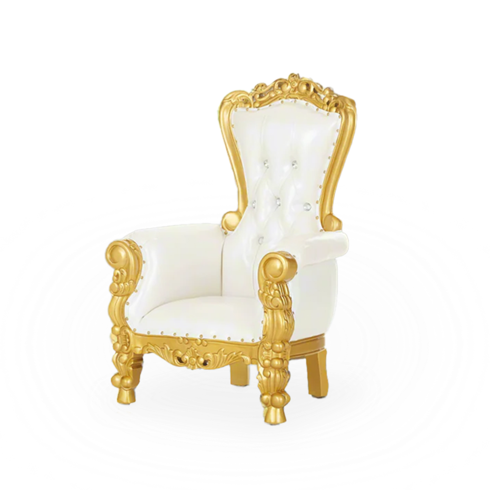 A white and gold throne chair for children