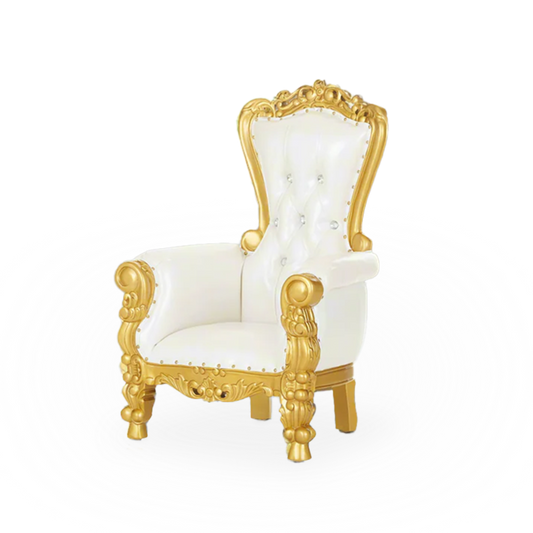 A white and gold throne chair for children