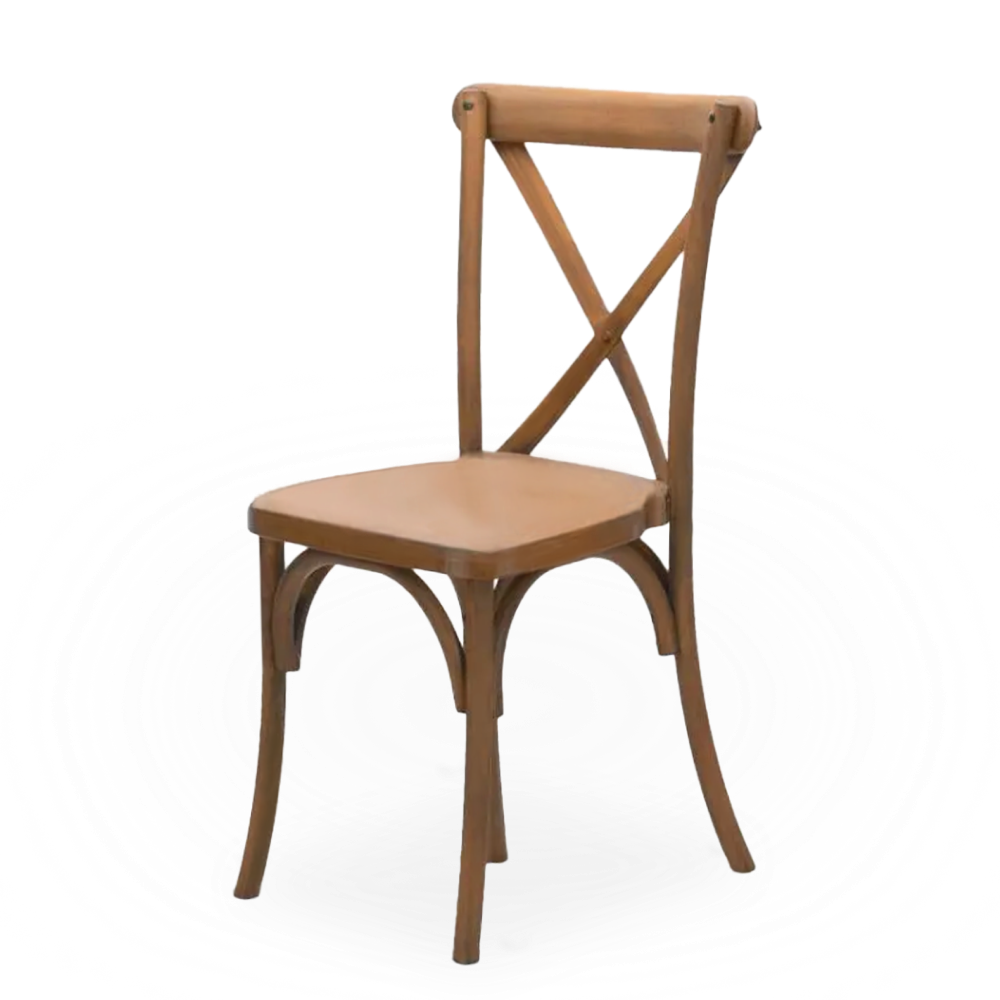 A medium brown wooden crossback chair with a rustic look