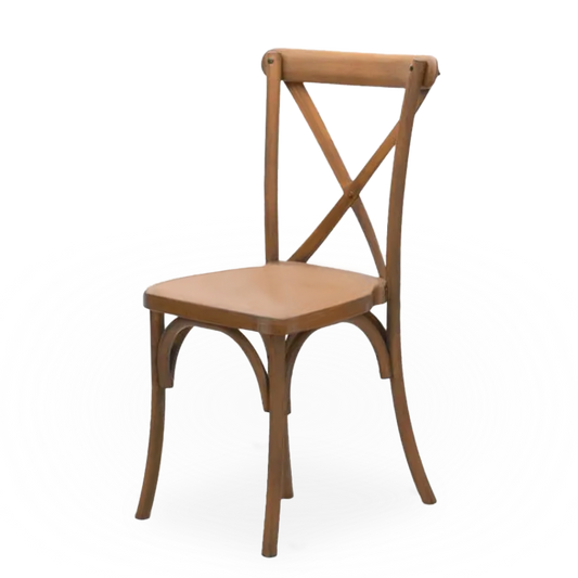 A medium brown wooden crossback chair with a rustic look