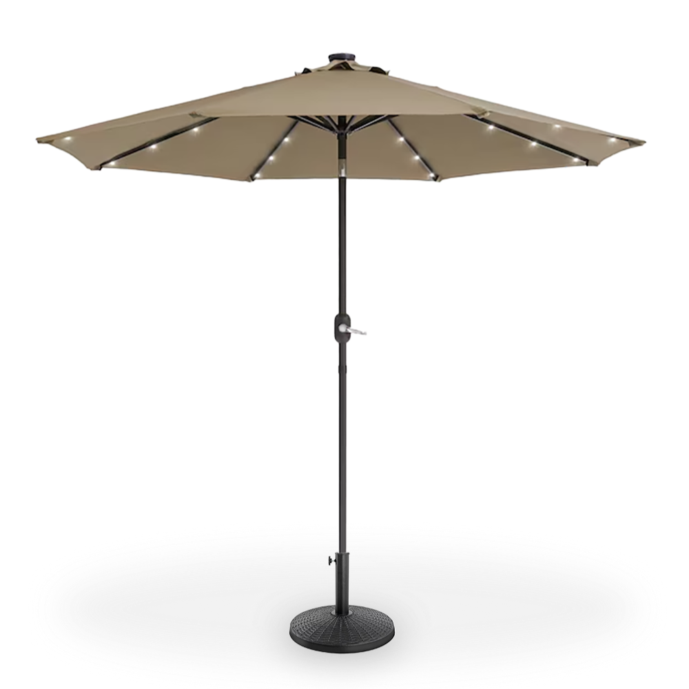 Taupe tilting patio umbrella with weighted base and built-in LED lights