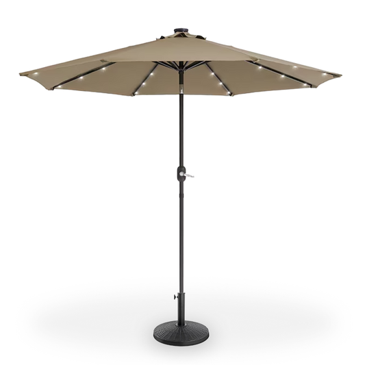 Taupe tilting patio umbrella with weighted base and built-in LED lights