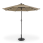 Taupe tilting patio umbrella with weighted base and built-in LED lights