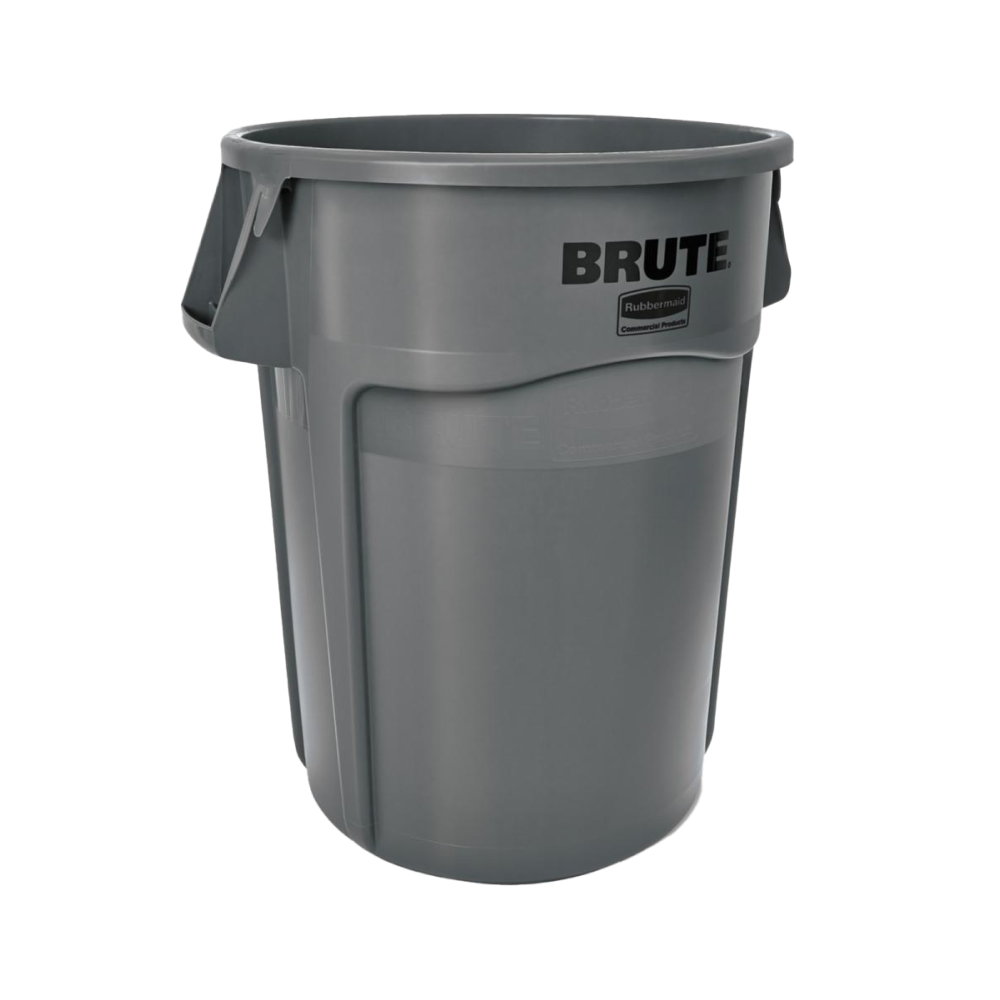 A standard plastic trash bin with a lid