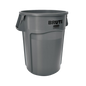 A standard plastic trash bin with a lid