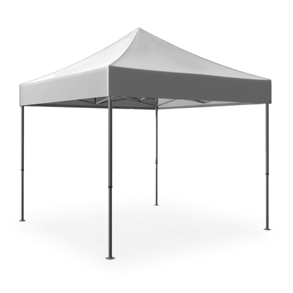 A white 10x10 pop-up tent set up outdoors