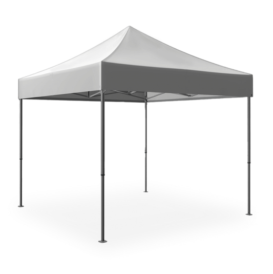 A white 10x10 pop-up tent set up outdoors