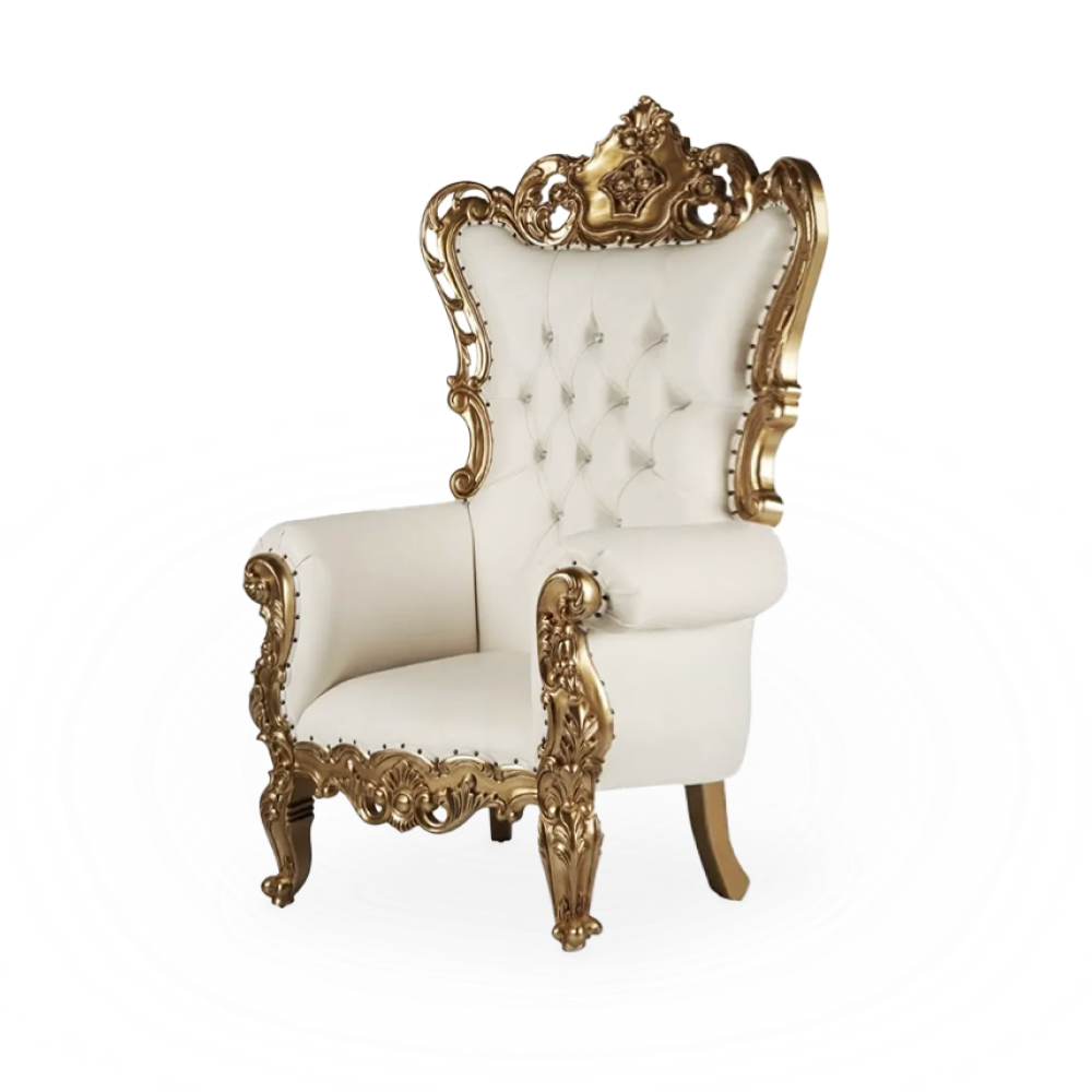 A white and gold throne chair displayed at a wedding