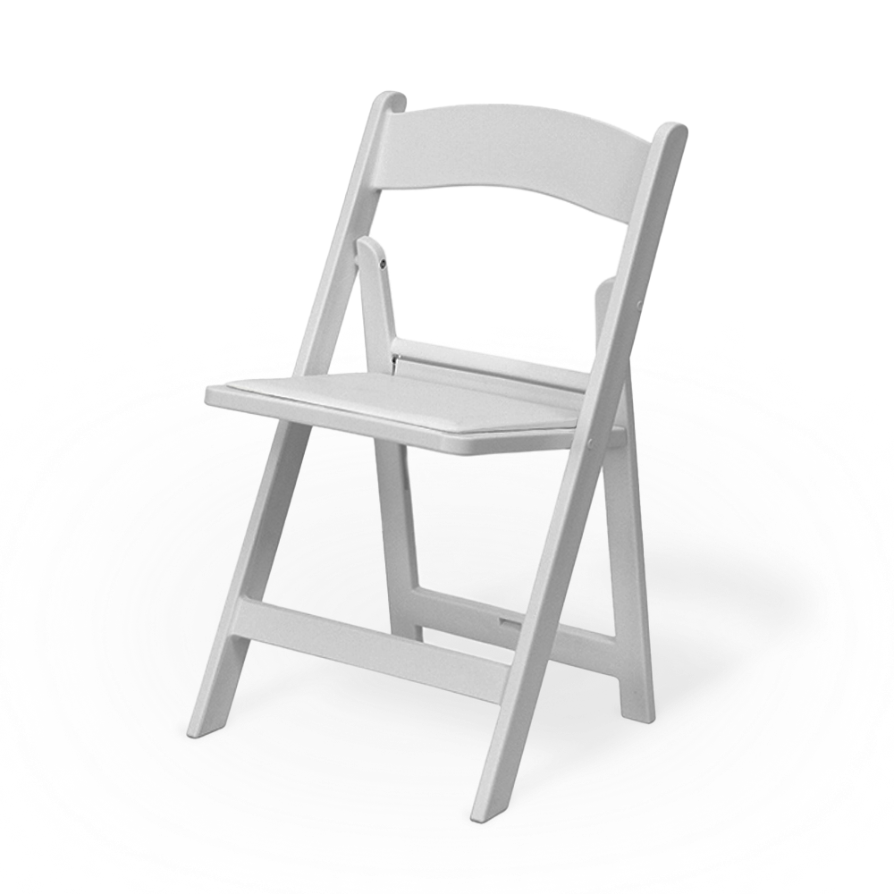 A white resin folding chair with a padded seat