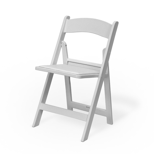 A white resin folding chair with a padded seat