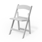 A white resin folding chair with a padded seat