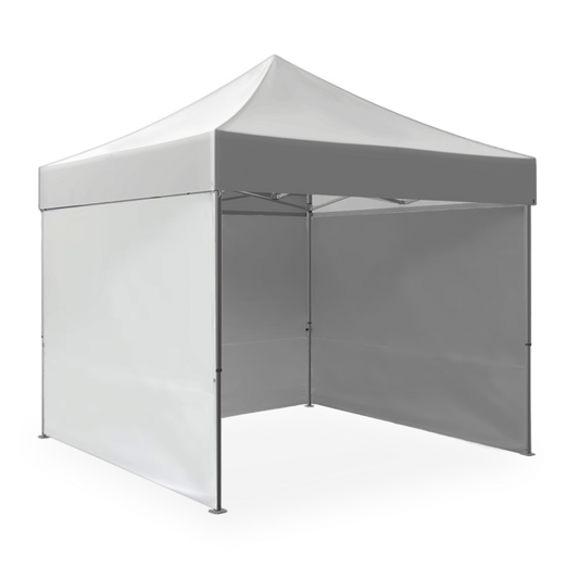 A white sidewall attached to a pop-up tent