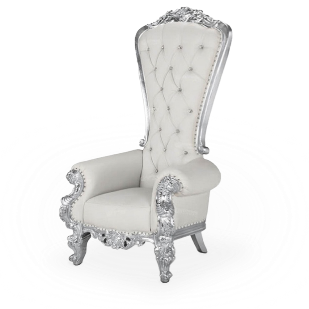 A white and silver throne chair with elegant details