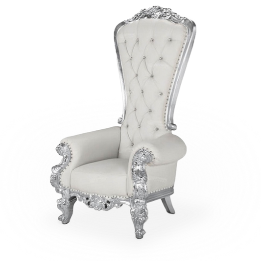 A white and silver throne chair with elegant details