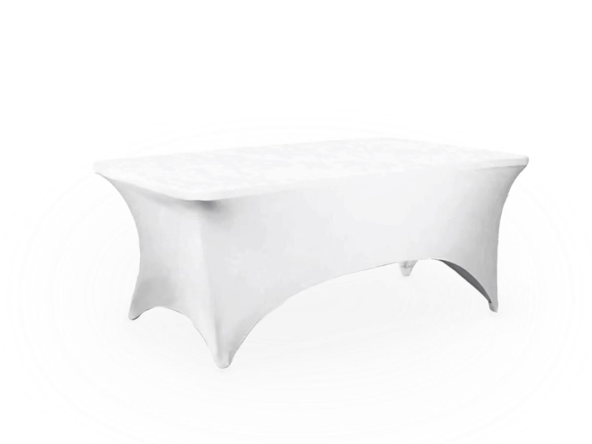 A white spandex cover tightly fitted on a 4 ft table