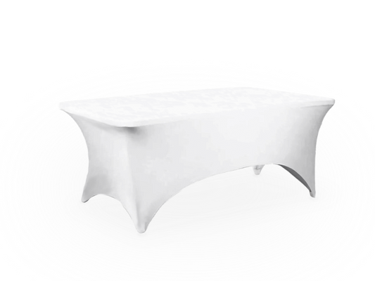 A white spandex cover tightly fitted on a 4 ft table