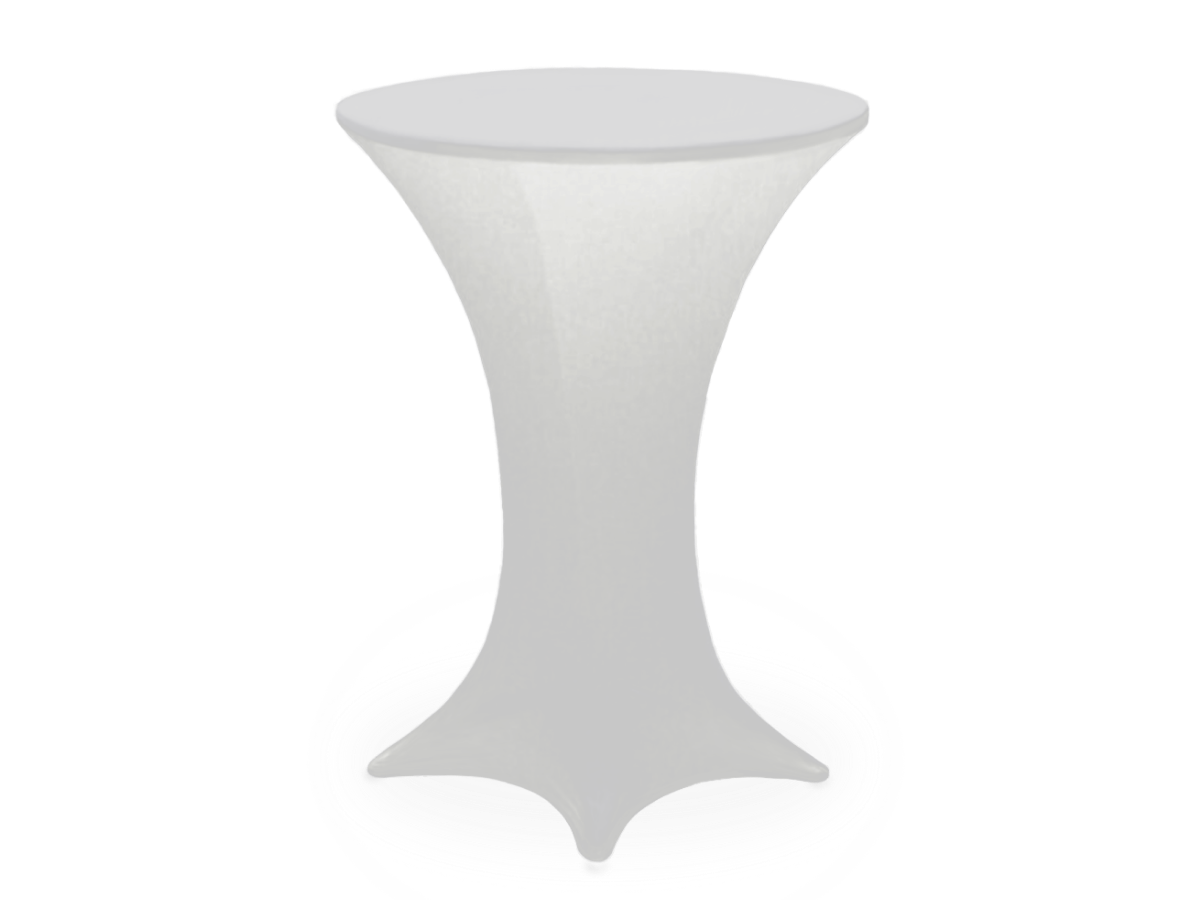 A white spandex cover tightly fitted on a cocktail table